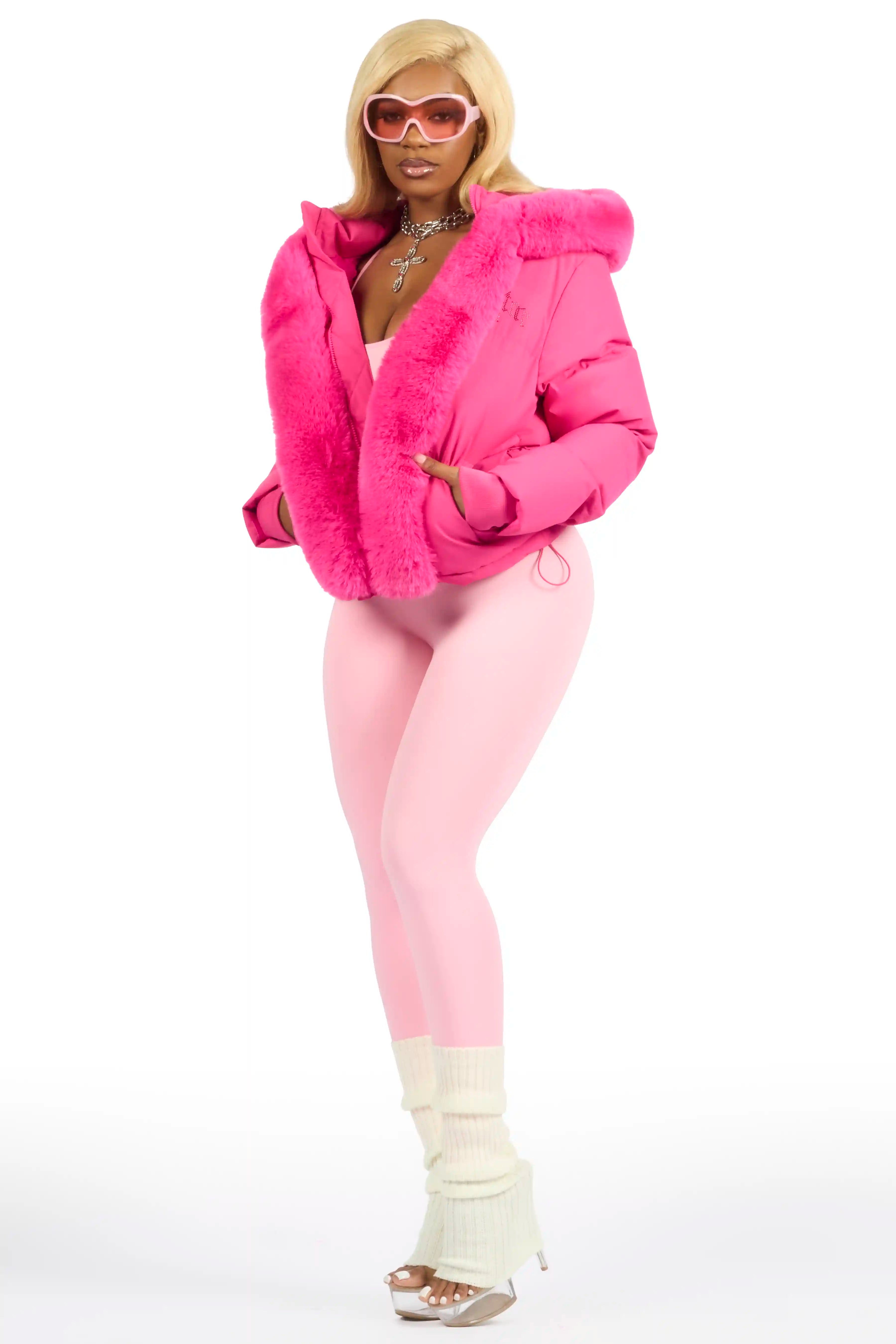 Dontaisha Hot Pink Puffer Jacket With Fur Trim