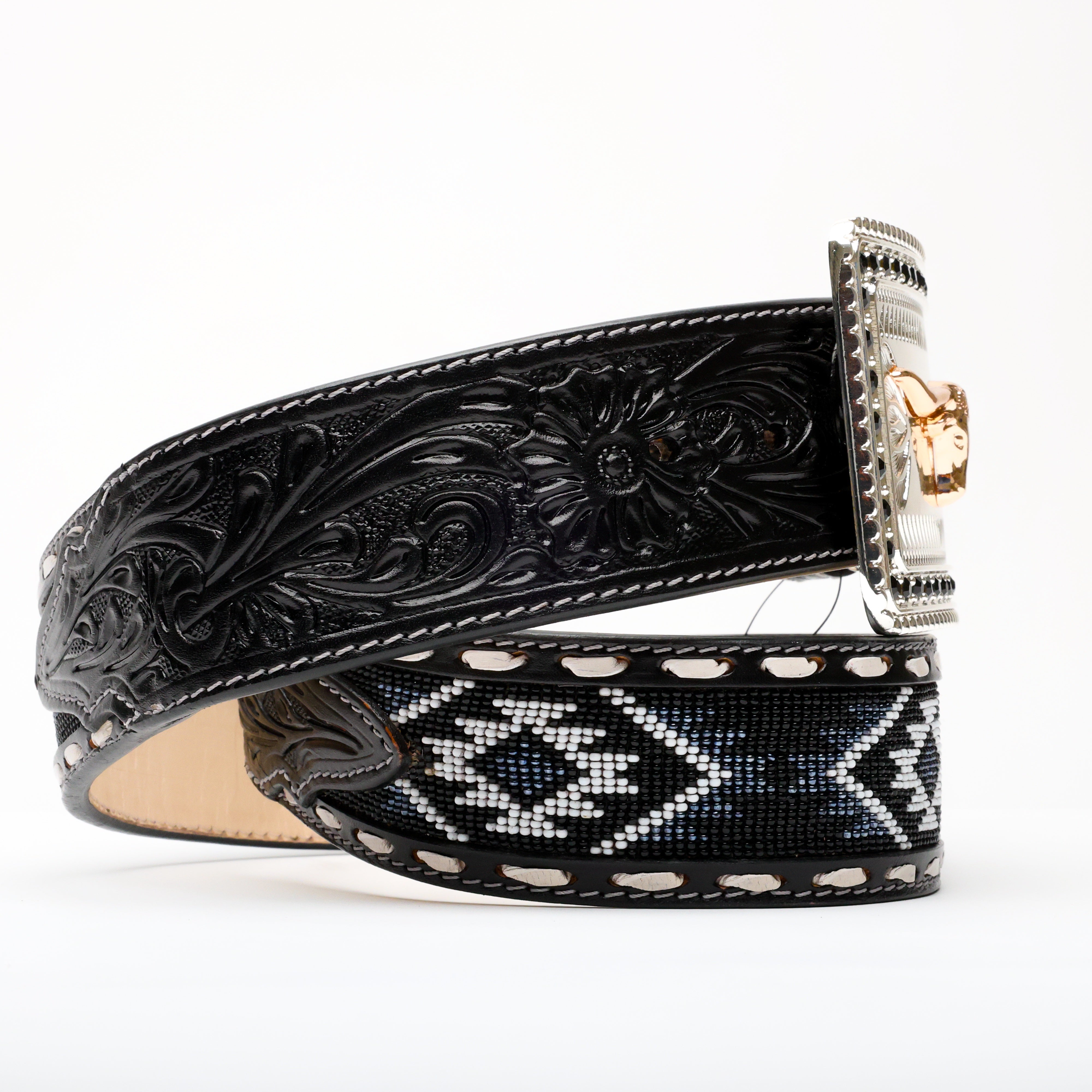 2 Inch Hand-Tooled Artesanal Beaded Leather Belt