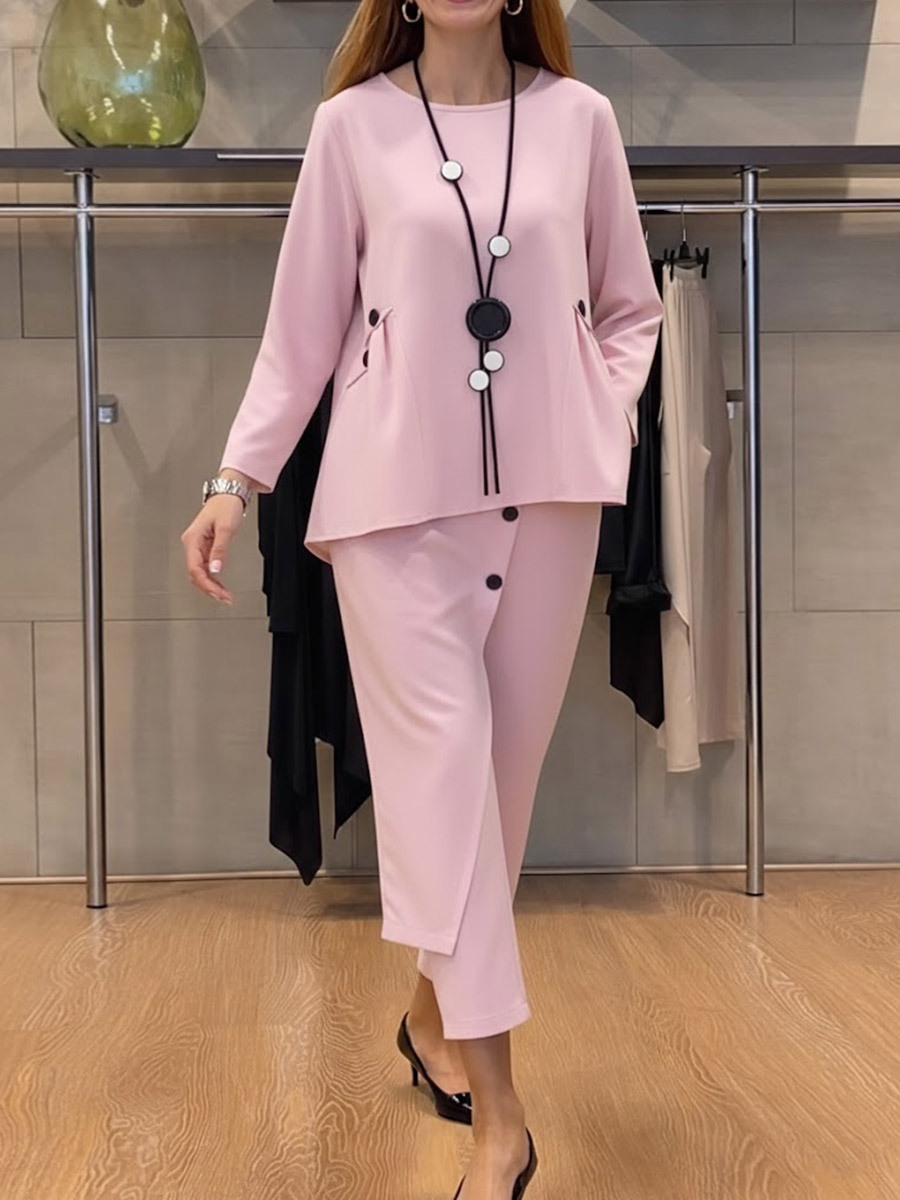 Women's Solid Color Round Neck Long Sleeve Casual Loose Top And High Waist Casual Loose Wide Leg Pants Cotton Set