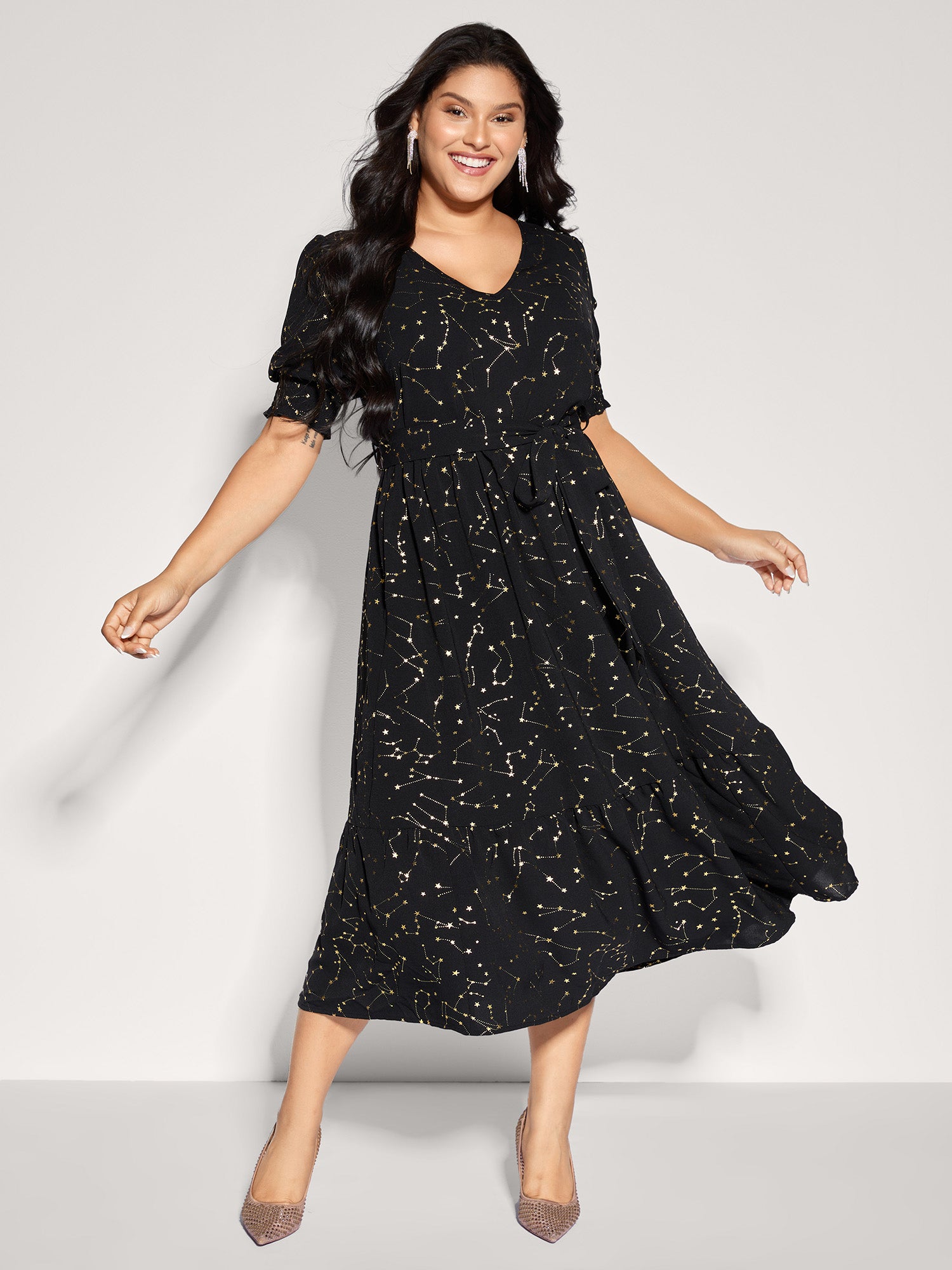 Shimmery Star Print Stretchy-Waist Midi Dress