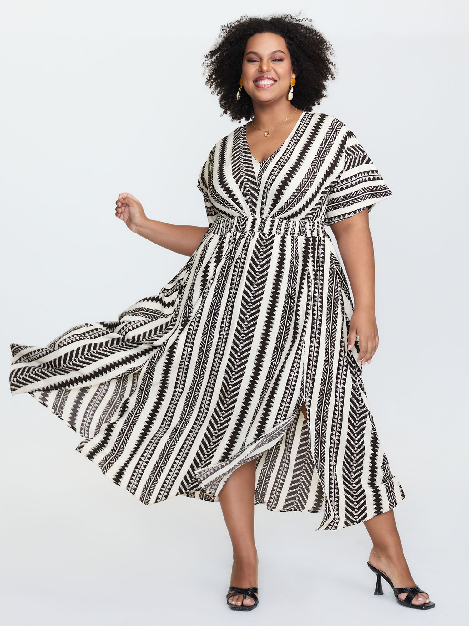 Solid Geometric Dolman Sleeve Pocket Shirred Split Hem Dress