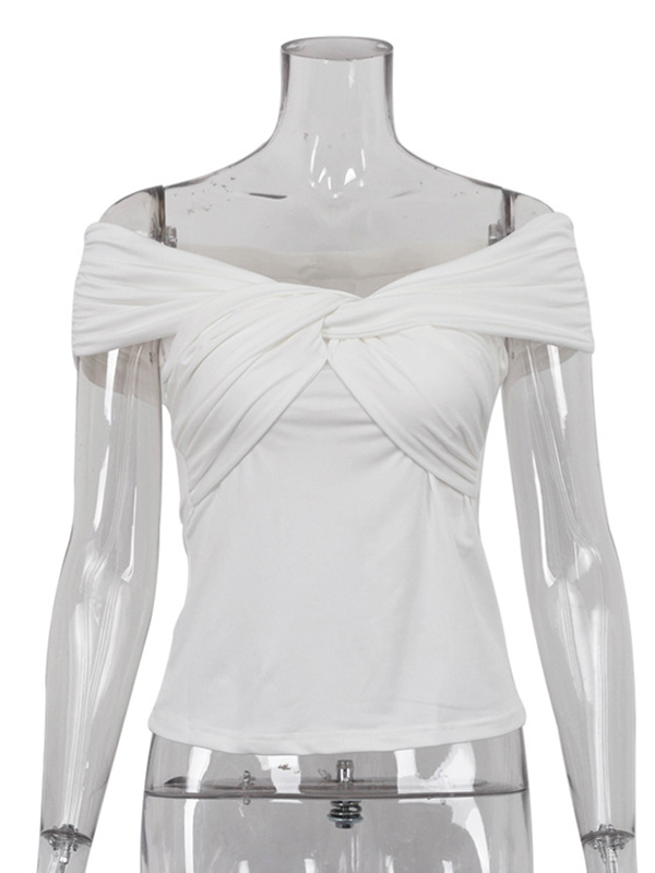 Knot Pleated Solid Color Split-Joint Short Sleeves Skinny Boat Neck T-Shirts Tops