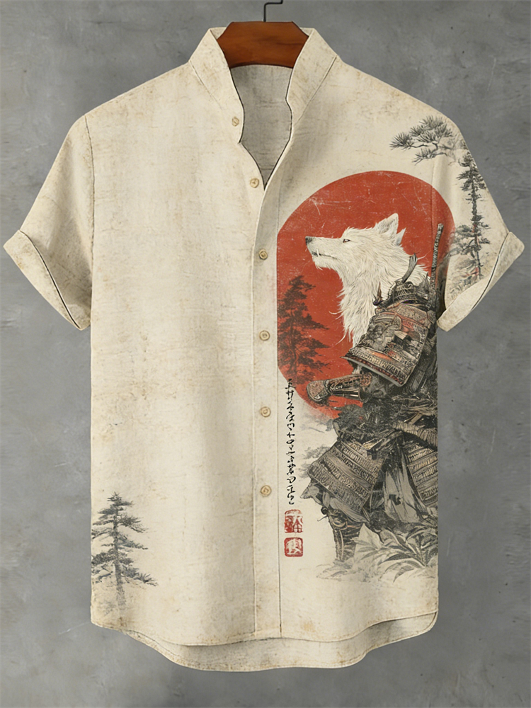 Japanese Wolf Samurai & Pine Trees Sunrise Linen Shirt