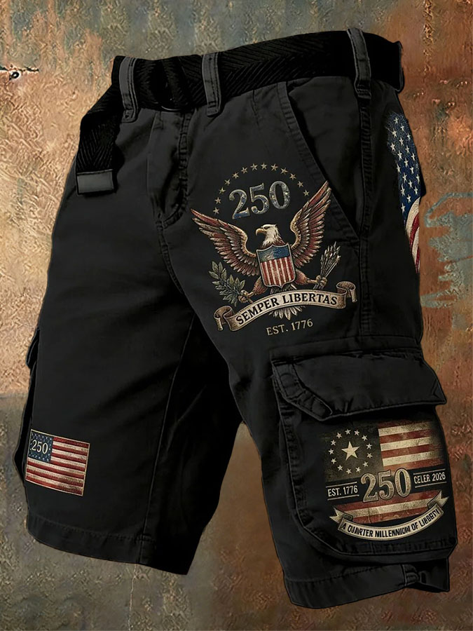 Men'S Retro American Independence Day Anniversary Printed Workwear Shorts (Excluding Waistband)