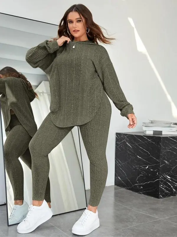 Plain Split Curved Hem Hoodie & Leggings Lounge Two-piece Set