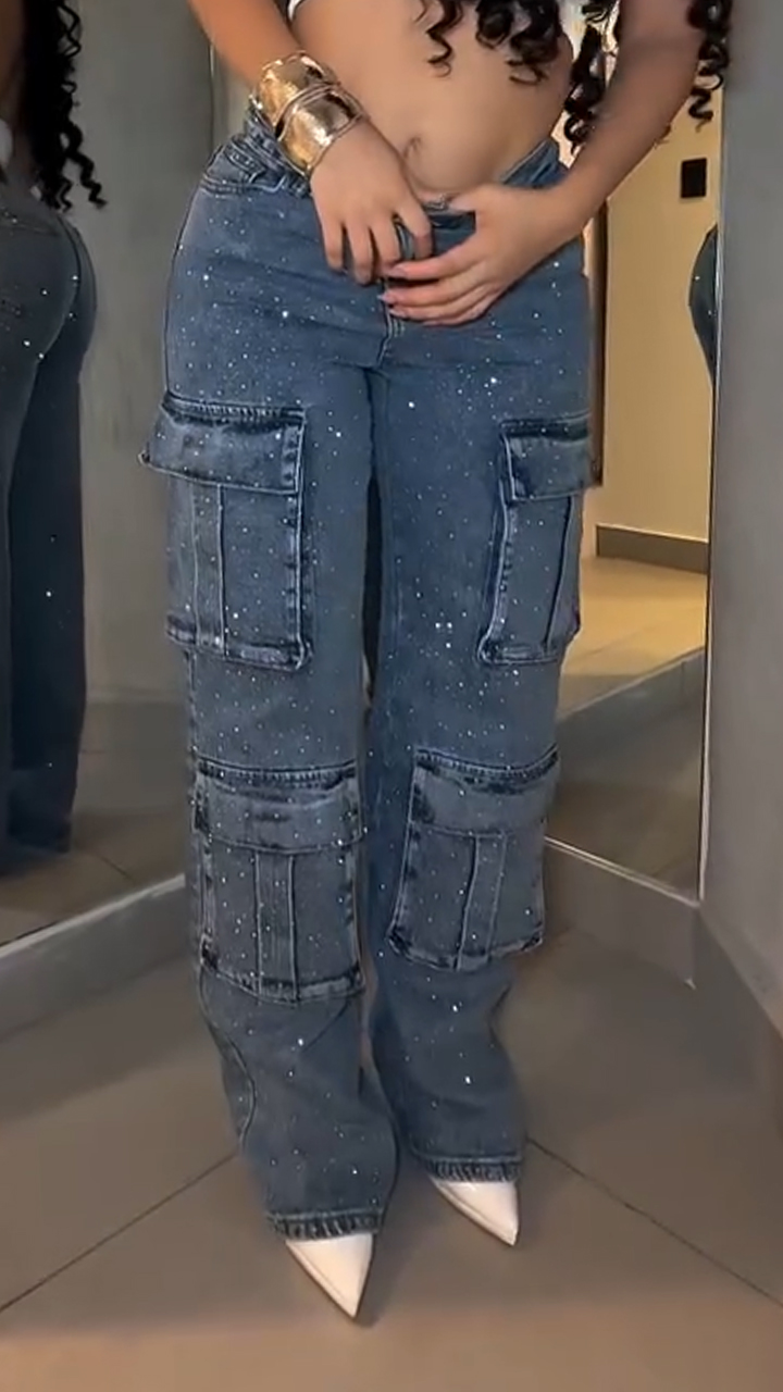 Women Hot Diamond Splicing Multi-pocket Casual Jeans