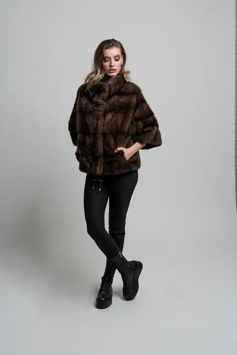 Haină din Blană Naturală de Vizon, Oversized, Femei, Chocolate 212