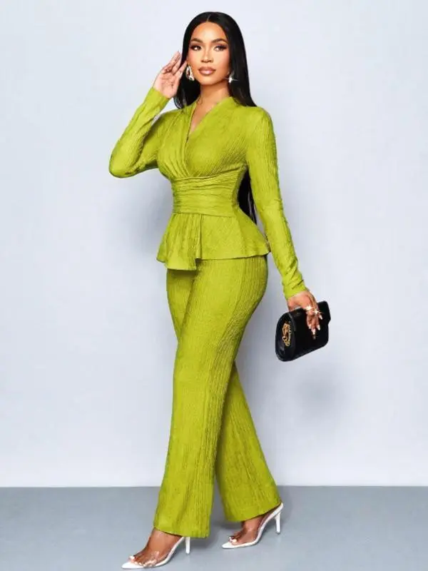 Women's Elegant V Neck Long Sleeve T-Shirt And Wide Leg Pants Two Piece Set
