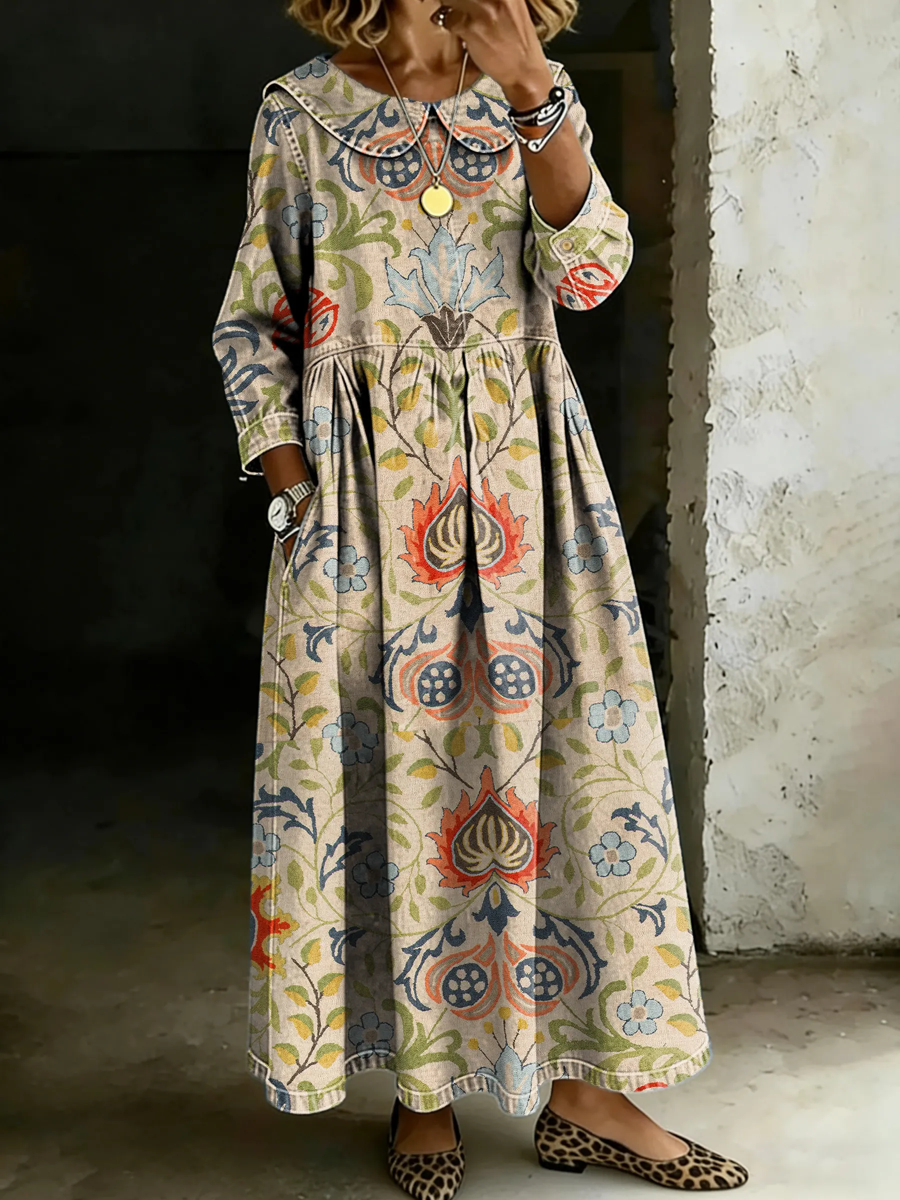 Women's Retro Ethnic Floral Splicing Long-sleeved Loose-fitting Casual Denim Dress