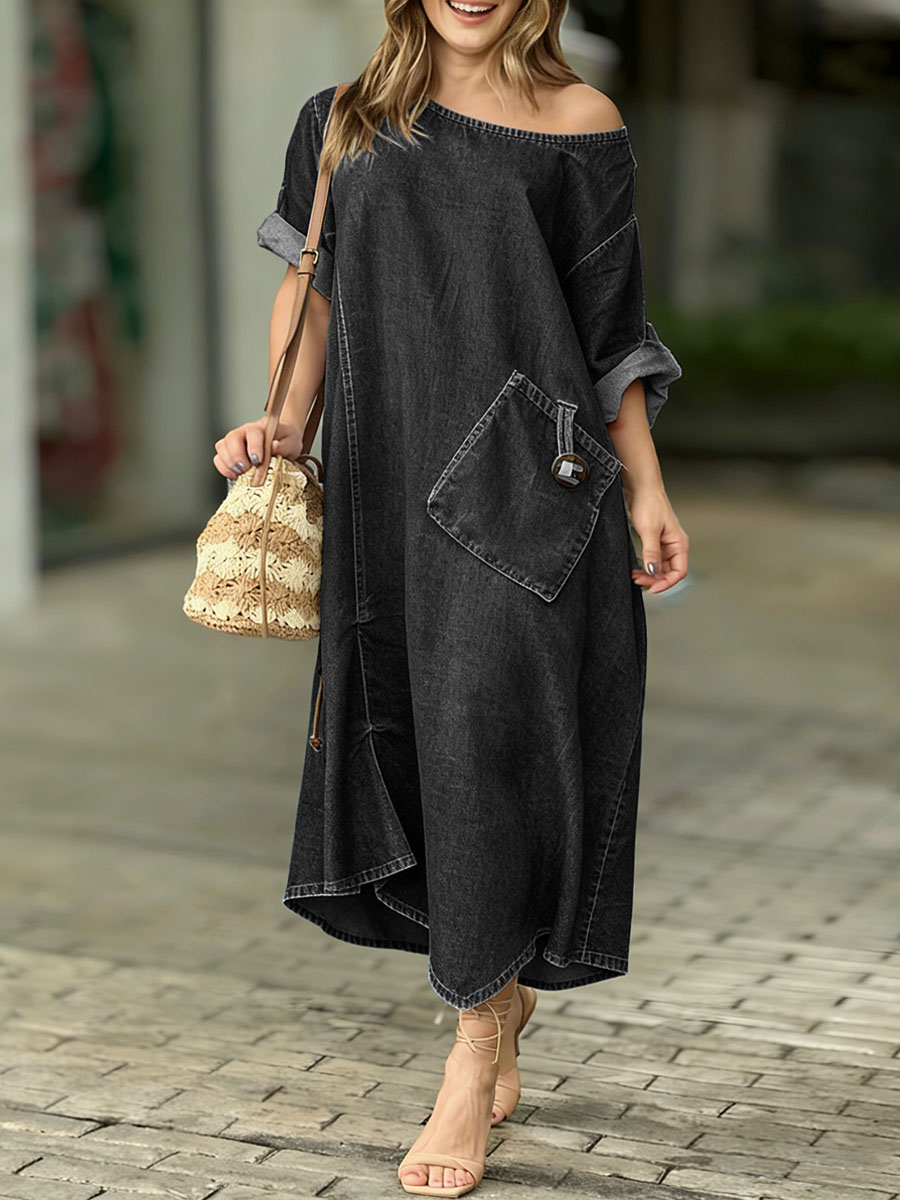 Women's Round Neck 3/4 Sleeve Casual Loose Denim Dress