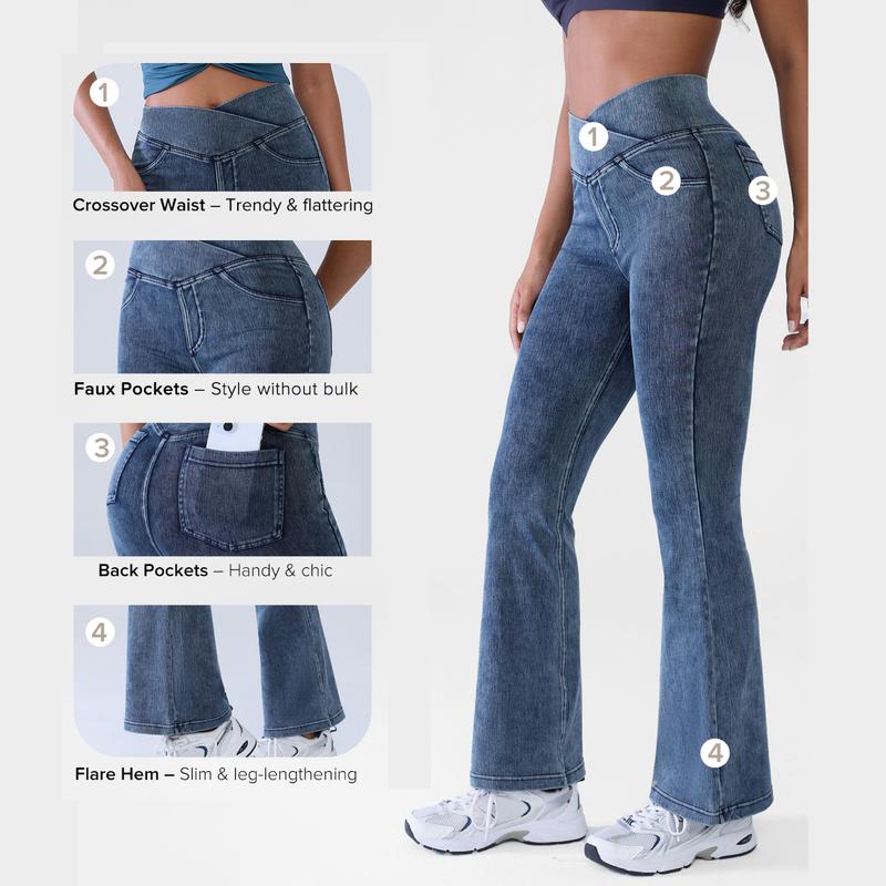 Women’s High-Waisted Bootcut Flare Jeans – Crossover Waist, Stretch Denim & Back Pockets