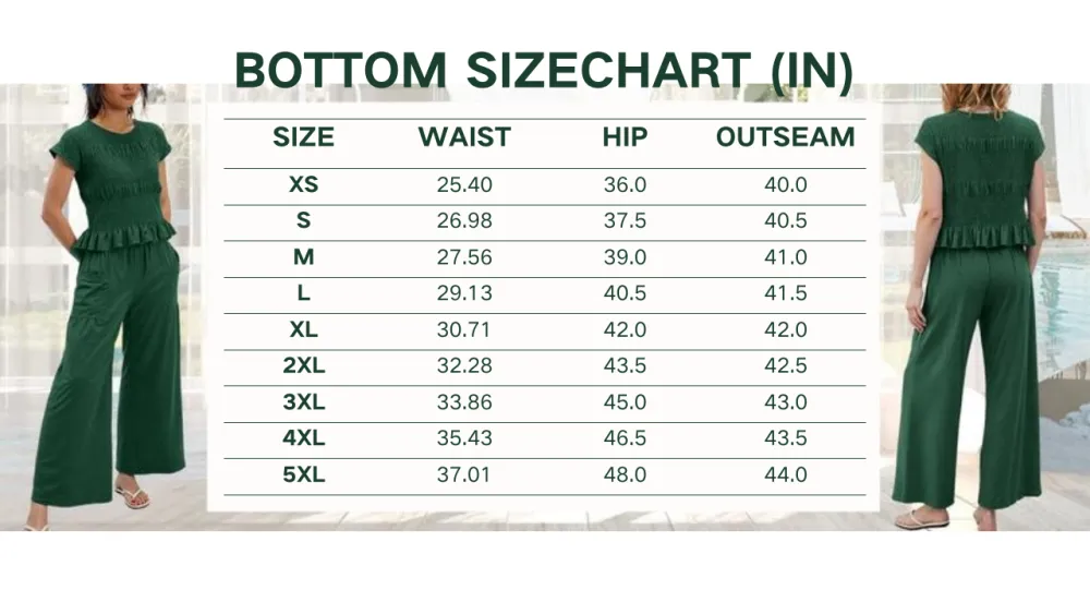 Womens 2 Piece Smocked Top Wide-Leg Pants Set