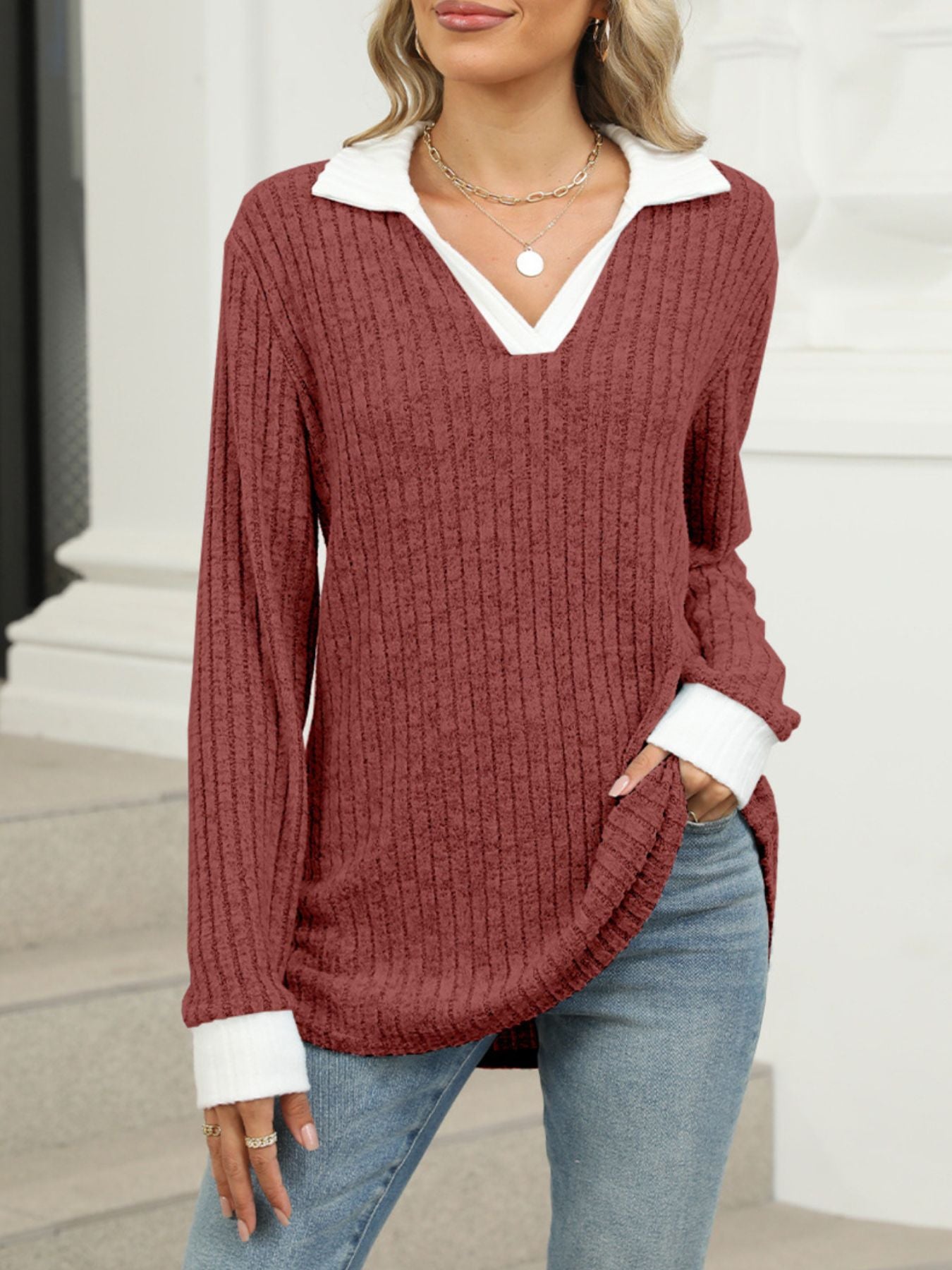 Ribbed Knit Long Sleeve T-Shirt