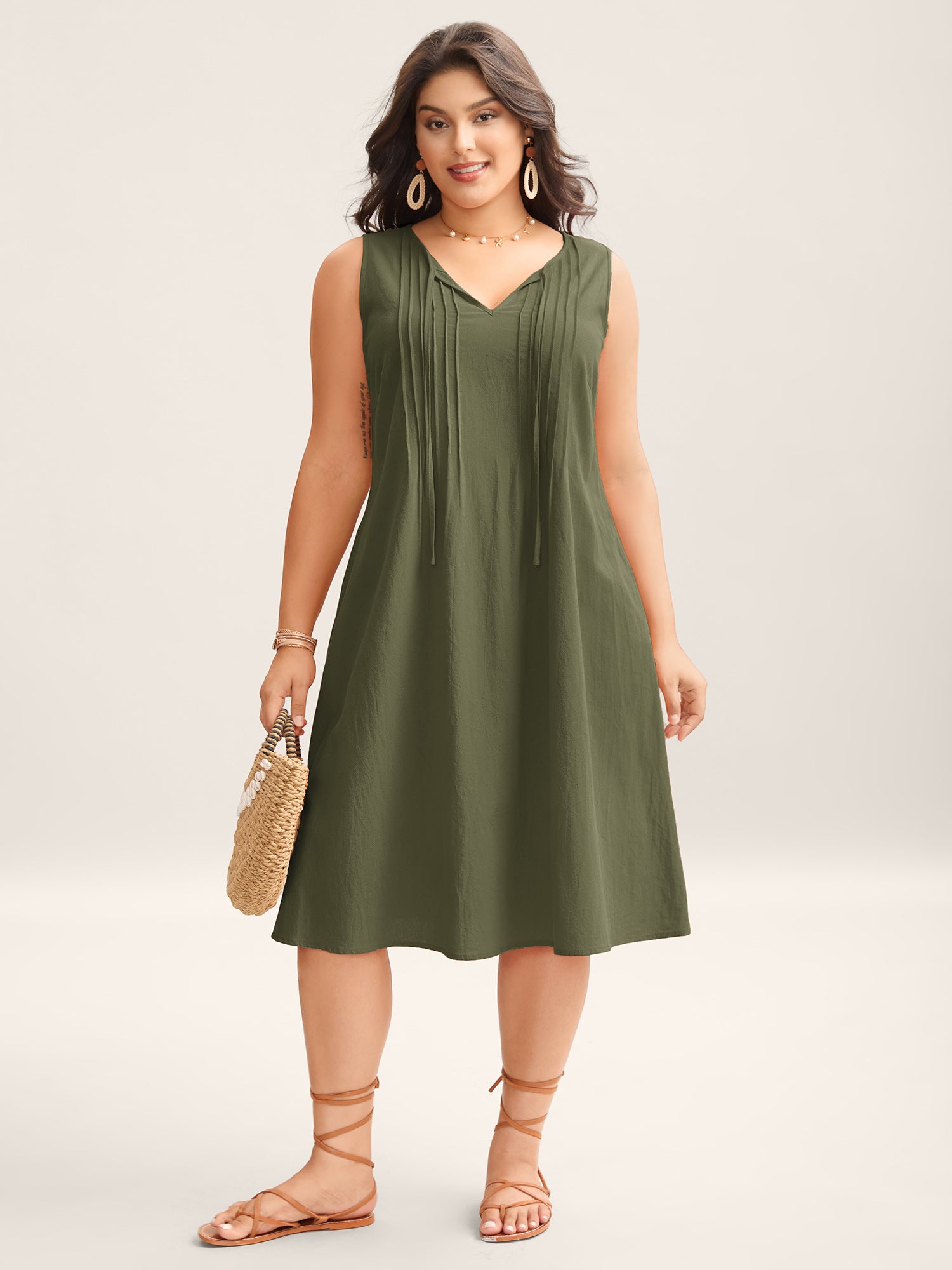 Cotton Toothpick Pleat Plain Midi Dress