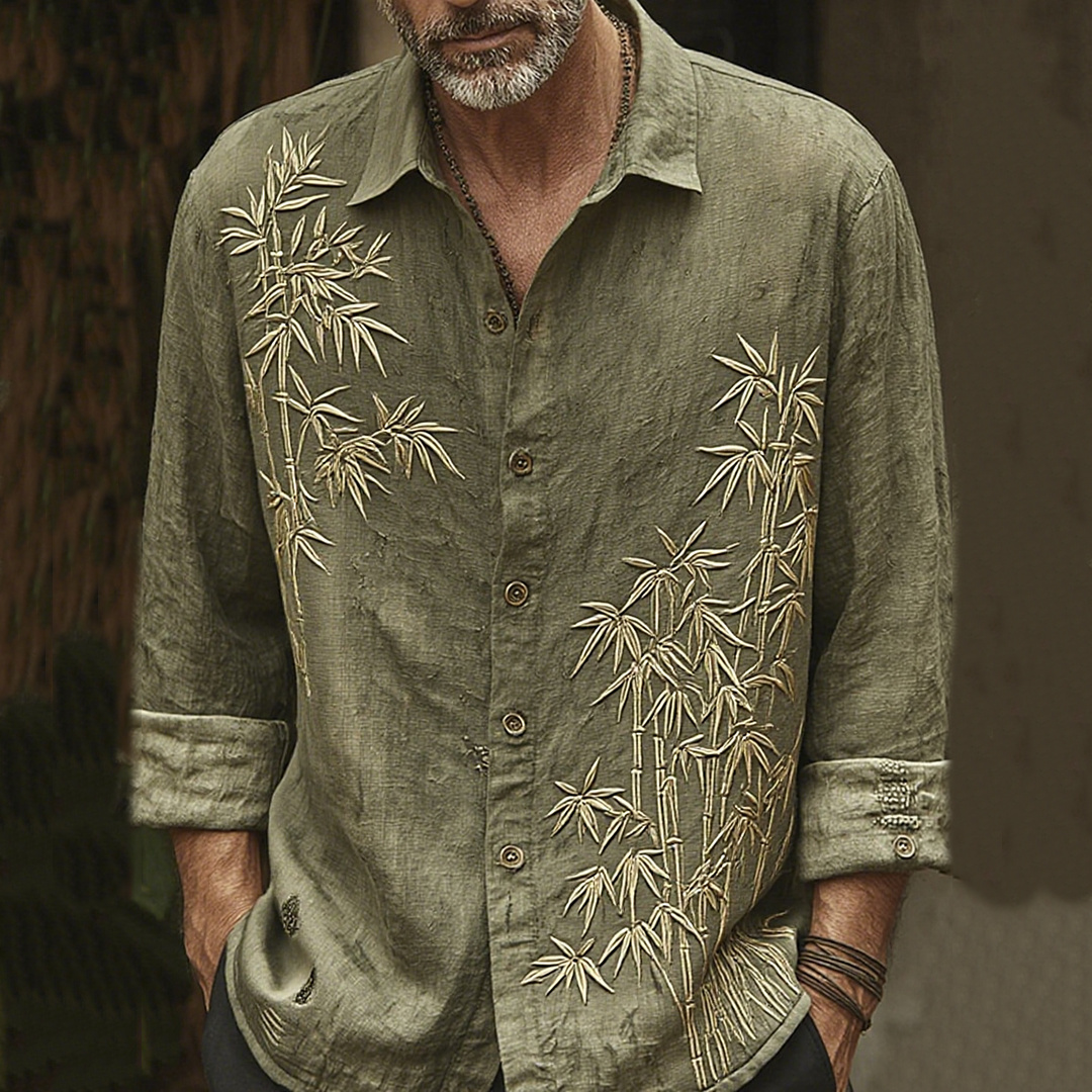 Men's Vintage Bamboo Embroidery Art Long Sleeve Shirt