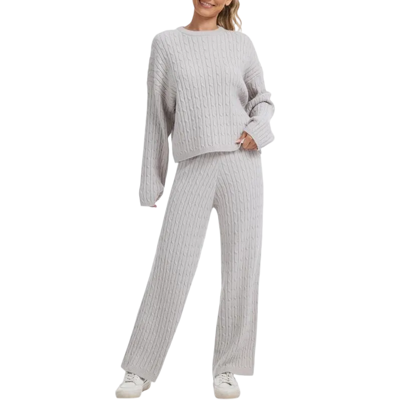 Women's Cable Knit Lounge Set - Long Sleeve Pullover & Wide Leg Pants