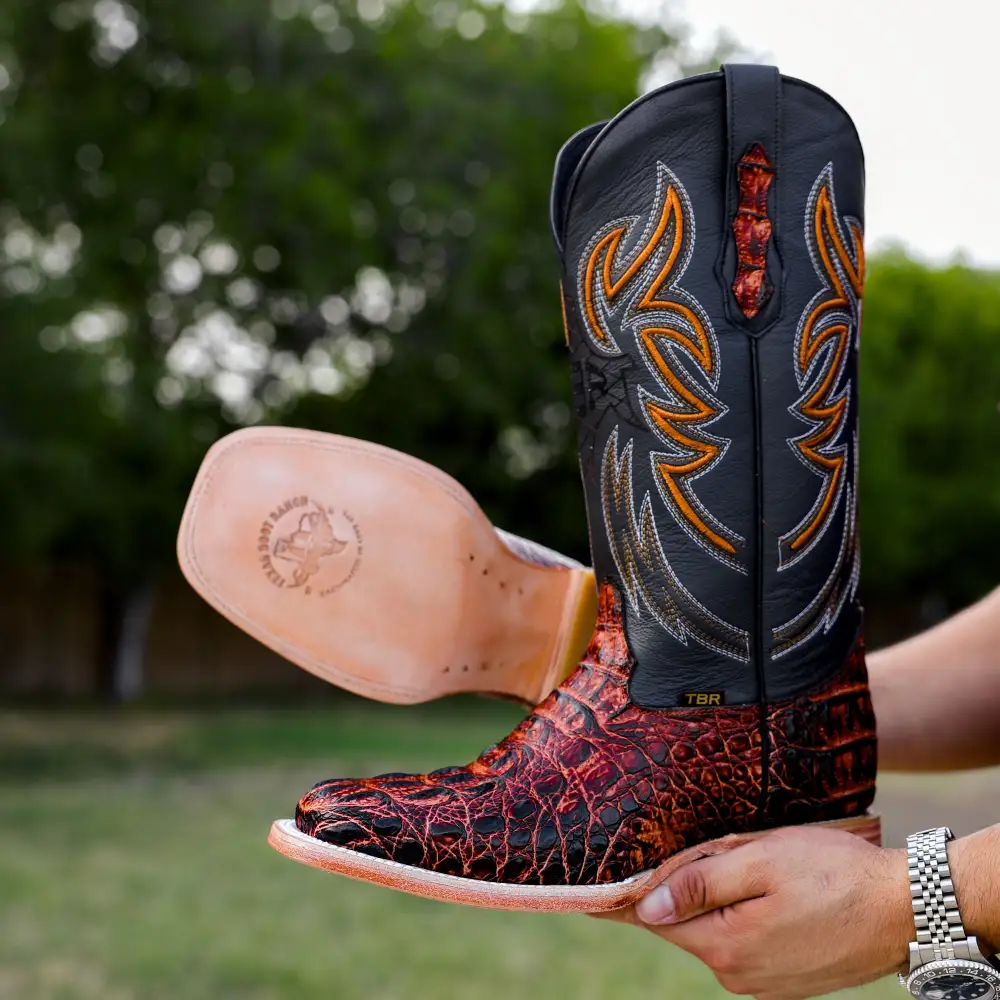 Cognac Caiman Neck Leather Boots - Square Toe