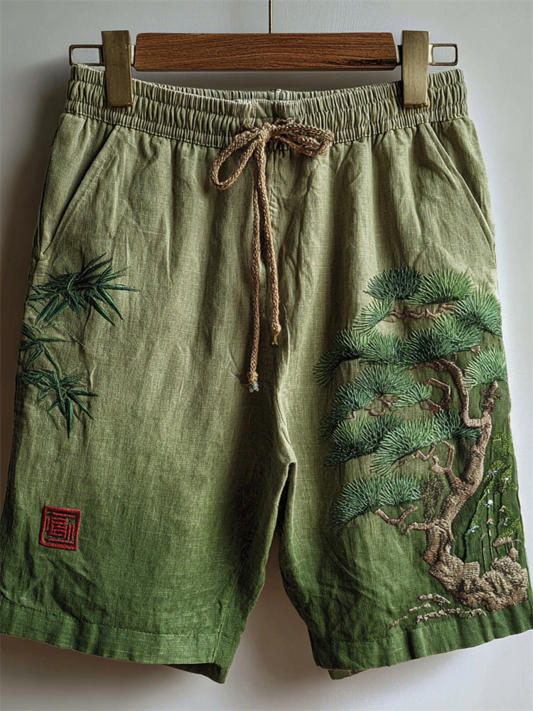 Japanese Bamboo & Pine Tree Embroidered Gradient Linen Shorts