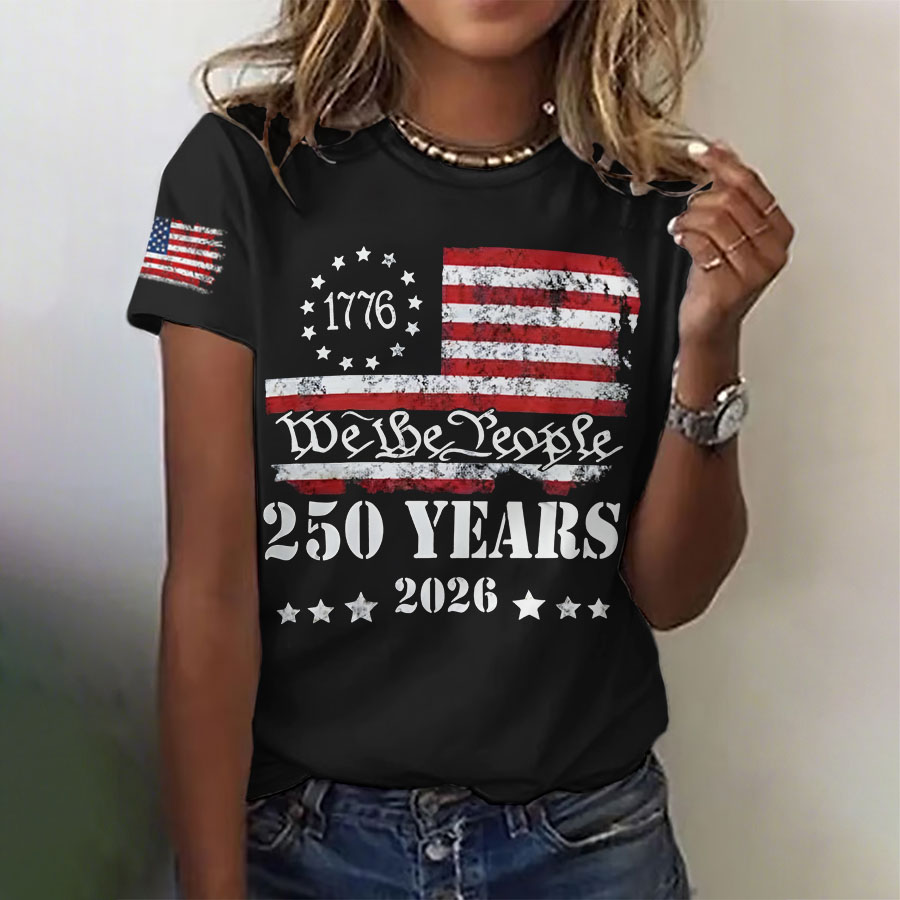Women'S Retro American Independence Day Commemorative Printed Round Neck T-Shirt