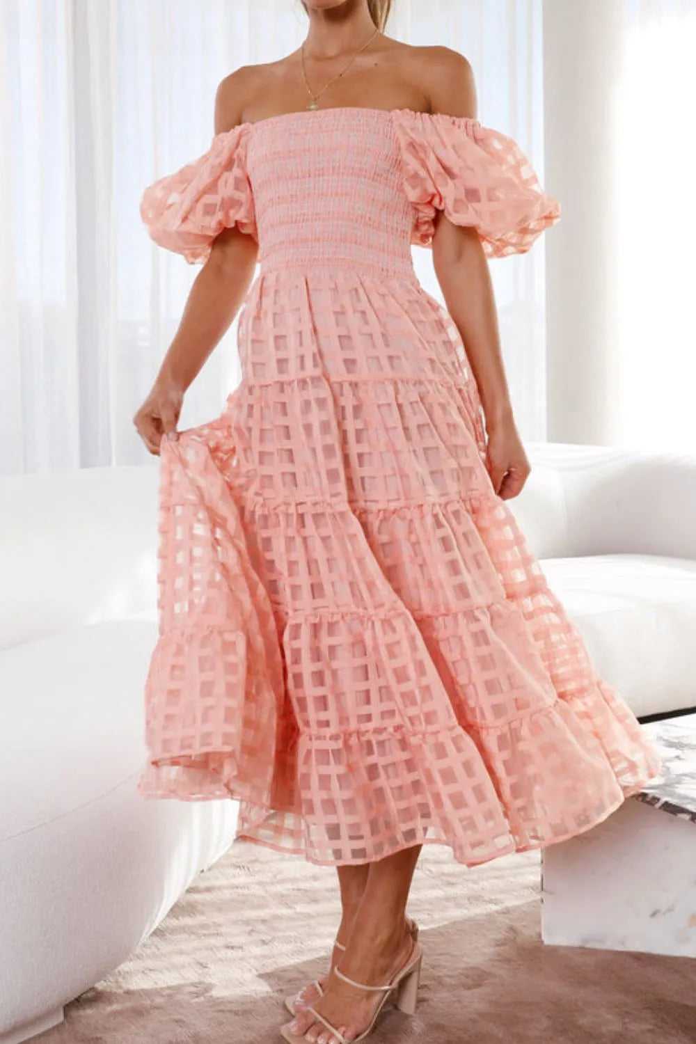 Off Shoulder Short Puff Sleeve Midi Dress