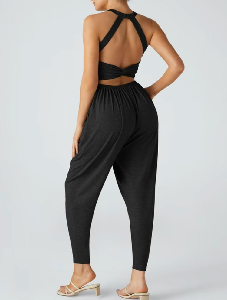 Women's Backless Twisted U-Neck Harem Jumpsuit with Pockets