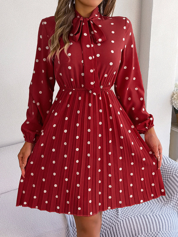 Elegant Polka-Dot Lace-Up Waist Long-Sleeved Pleated Skirt