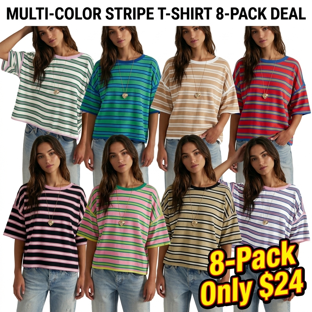 🎨🎨🎨Women's Striped Oversized Crewneck T-Shirt