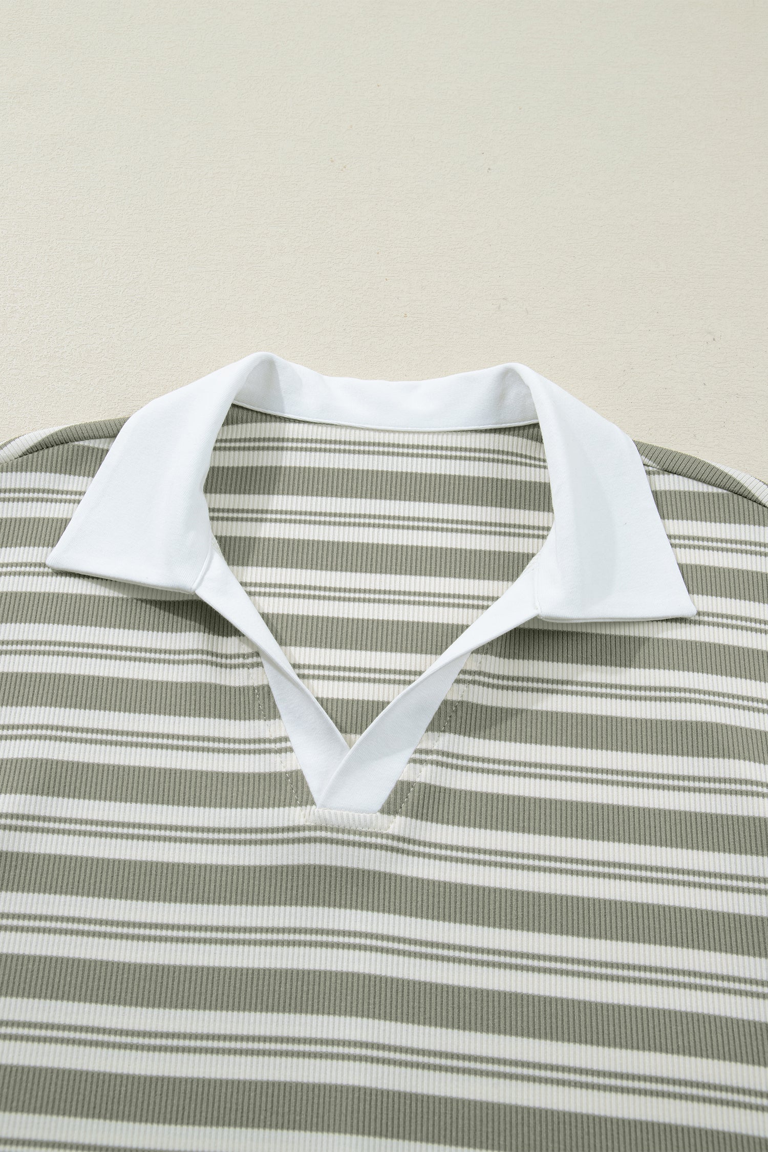 Green Stripe Collared V Neck Short Sleeve T Shirt Midi Dress with Pockets