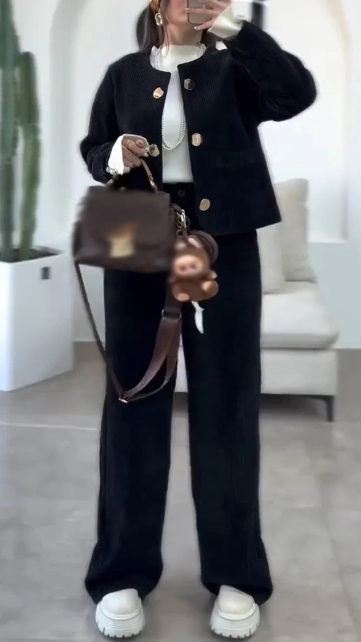 Women Round-neck Button-down Jacket + Pants Casual Suit