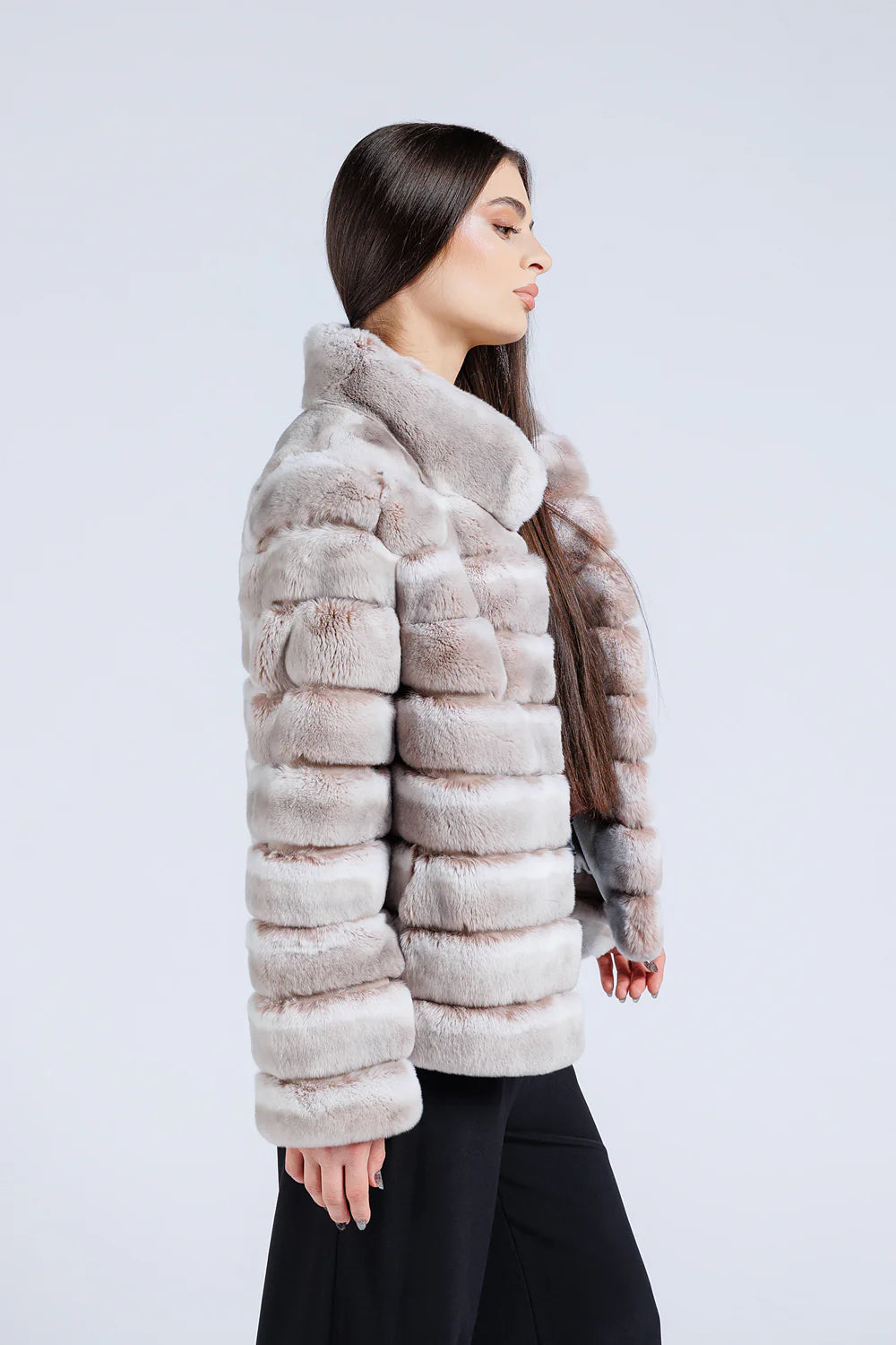 Haină din Blană Naturală de Rex Chinchilla, Guler Tunică, Femei, Pearl 179