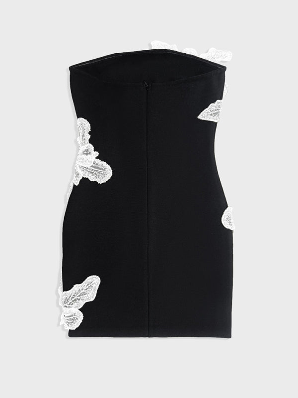 Christmas Tube Top Beaded Flower Bandage Dress Knitted Black Short Dress Party Skirt