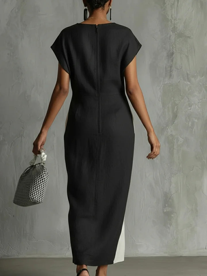 V-neck color-blocked short-sleeved dress