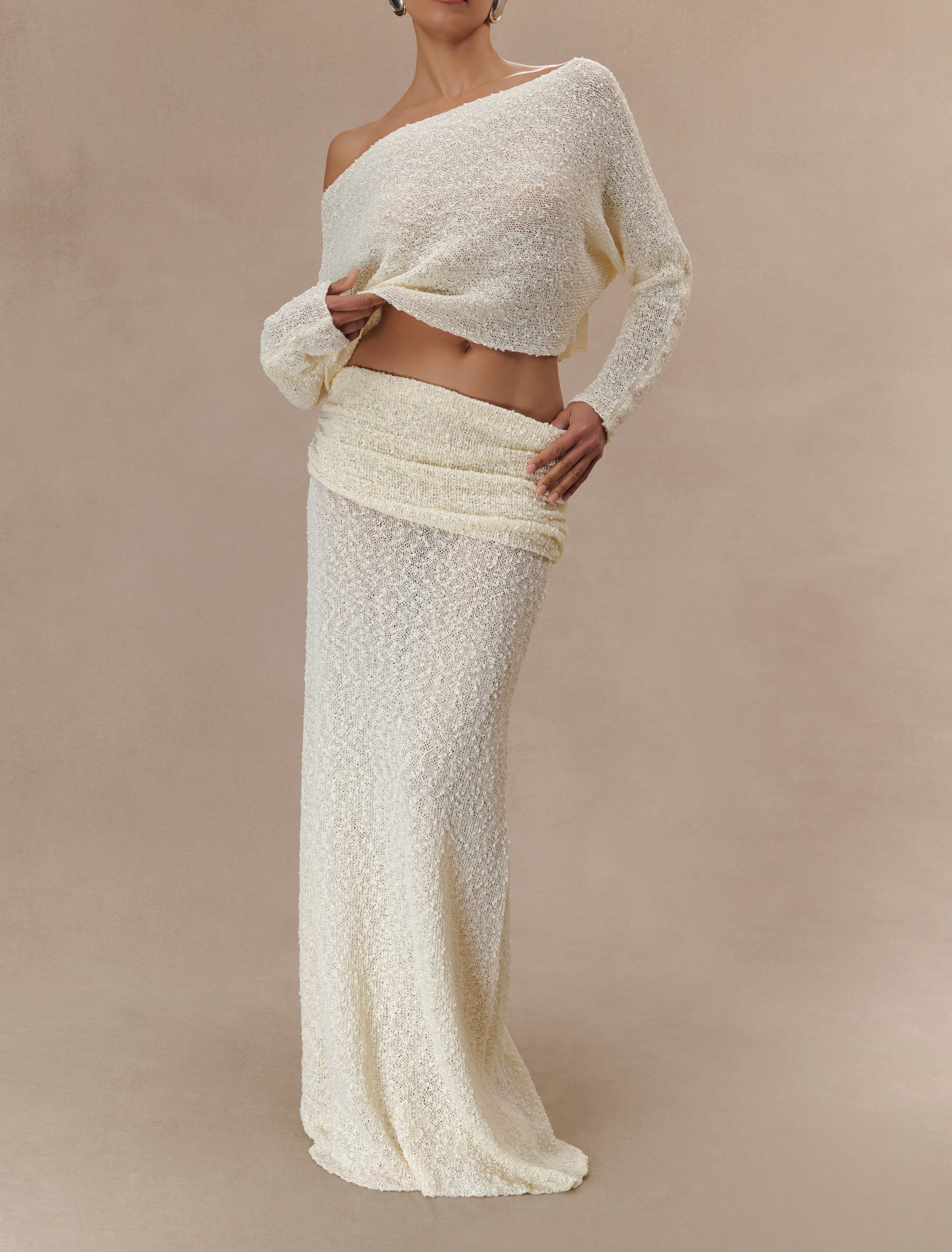 Ivory Ruched Knit Maxi Skirt