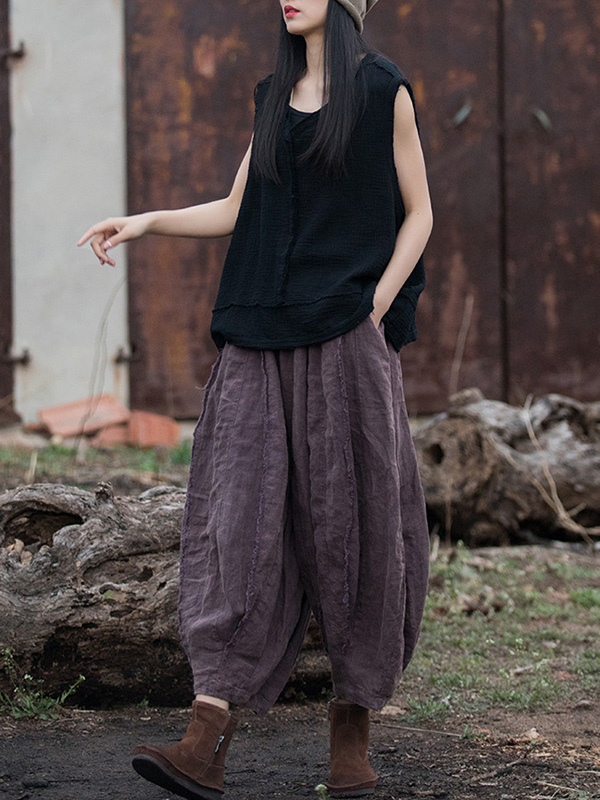 Fringed Pleated Solid Color Split-Joint Loose Sleeveless V-Neck Vest Top