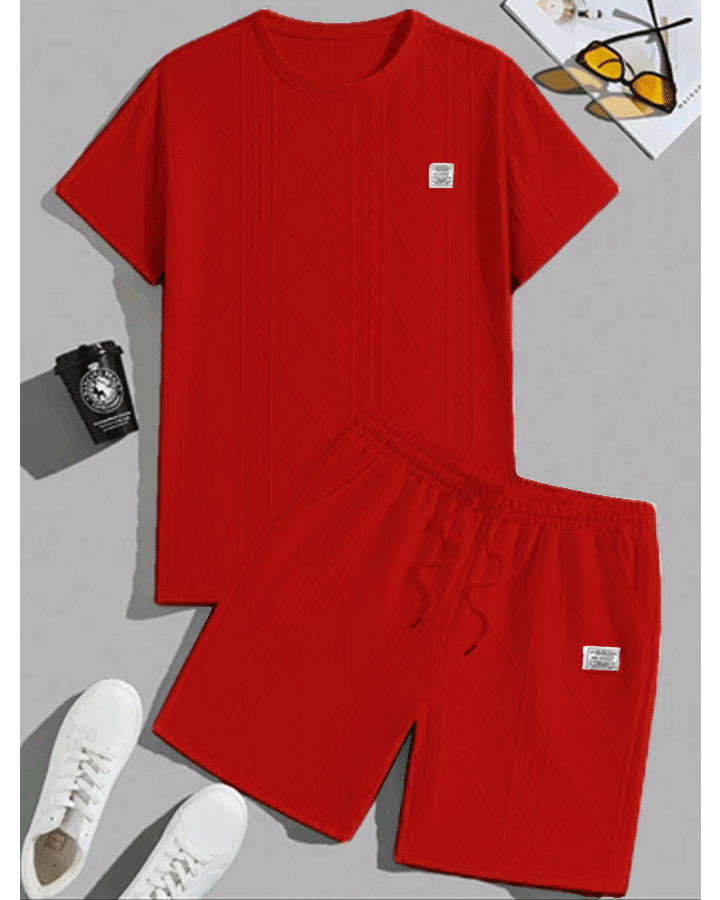 Men’s Textured Summer Two-Piece Set – Short Sleeve Tee & Drawstring Shorts