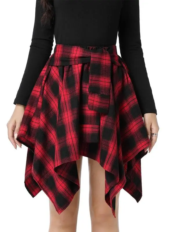 Women's Fashion Plaid Print Asymmetrical Hem High Waisted Skirt