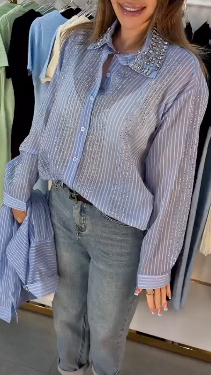 Women's Striped Rhinestone Collared Casual Shirt