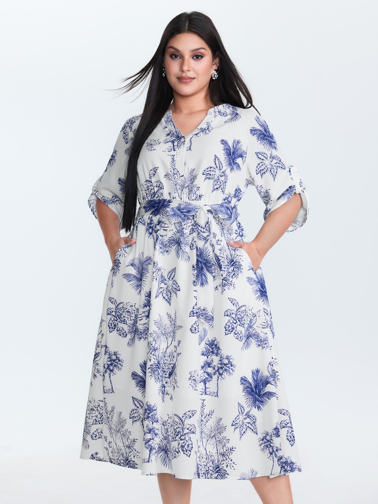 Forest Print Belted Folded Sleeve Midi Dress