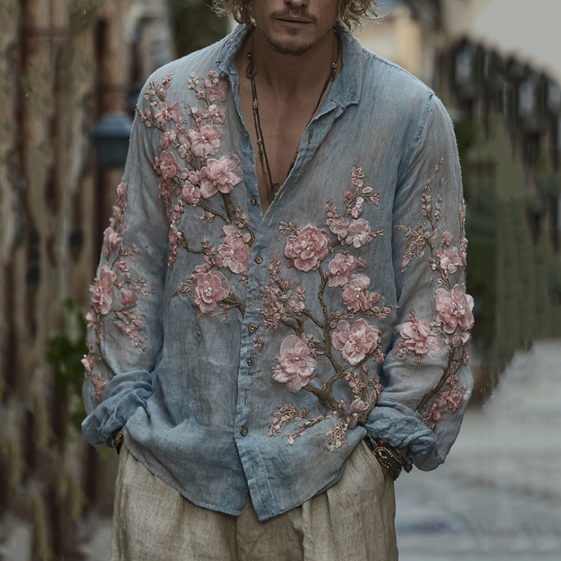Men's Vintage Cherry Blossom Embroidered Flowy Linen Shirt