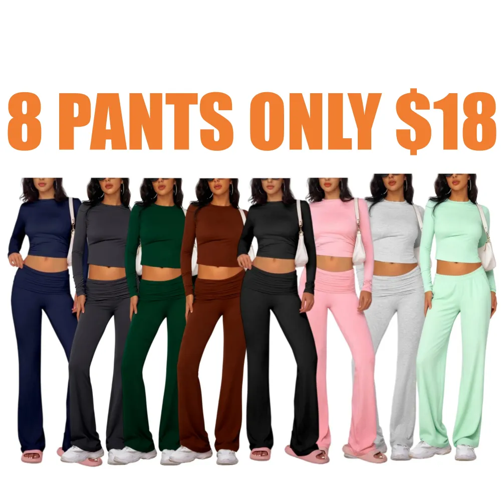 Casual Longsleeves Crop Tee & Fold Over Waist Flare Leg Pants Set