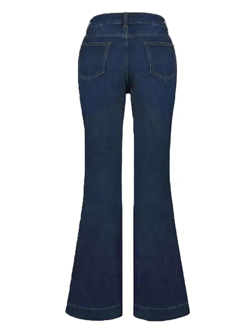 Women's Plain Flare Leg Jeans with Button & Pockets , Casual Bell Bottom Trousers for Daily Wear