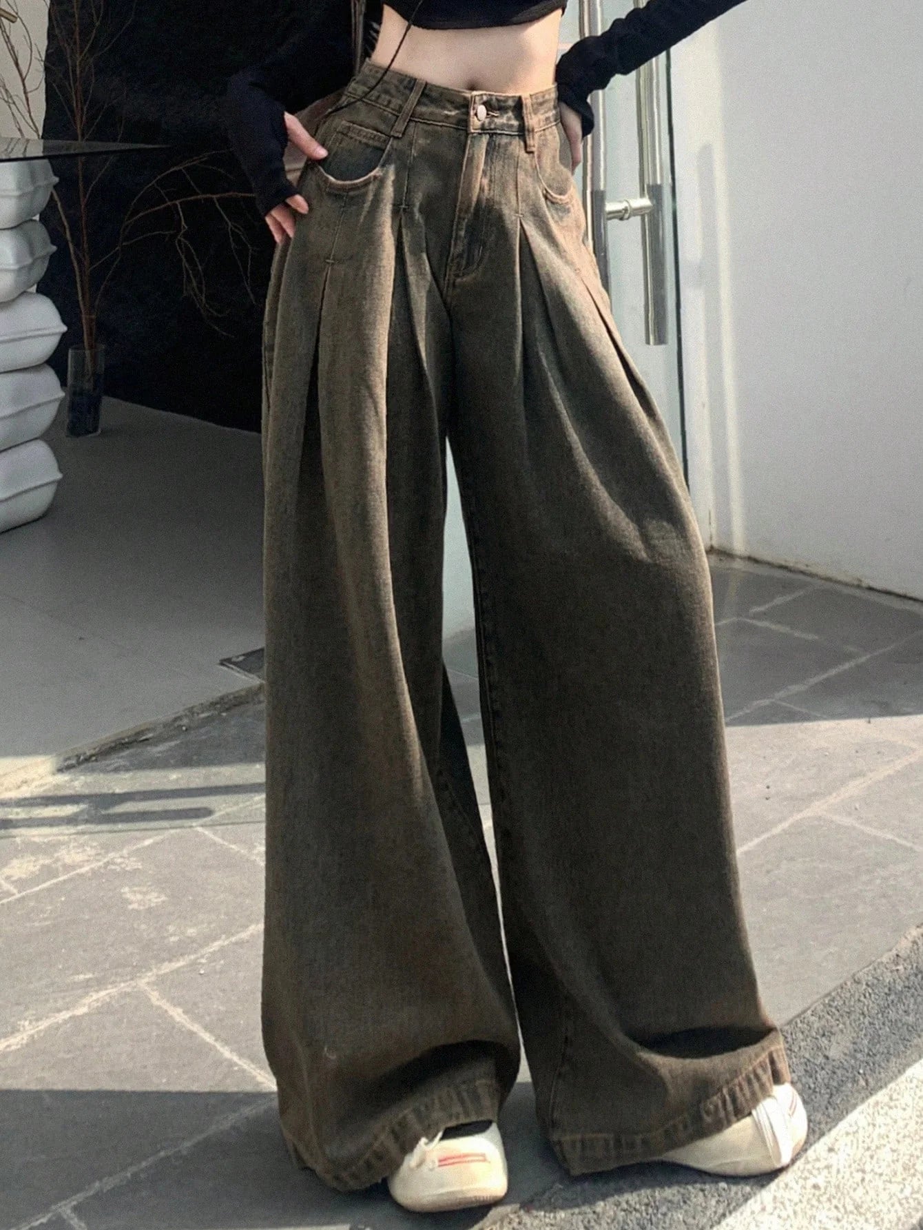 Rustic Cocoa Pleated Extra Wide Leg Jeans