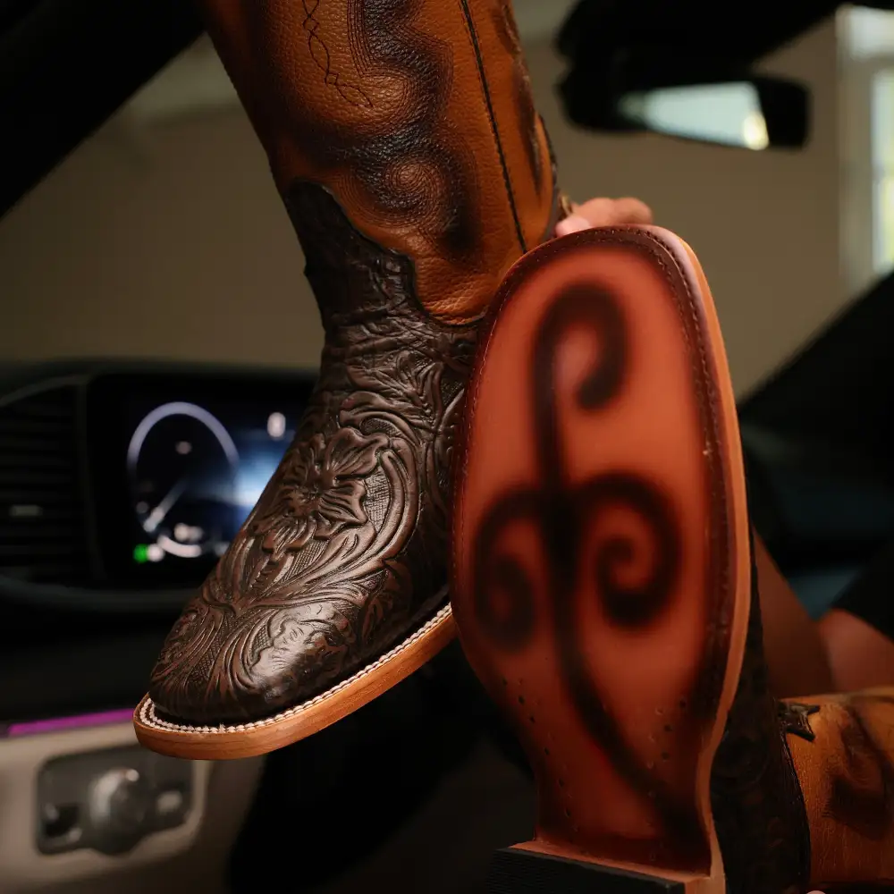 Chocolate Brown Hand-Tooled Leather Boots — Square Toe