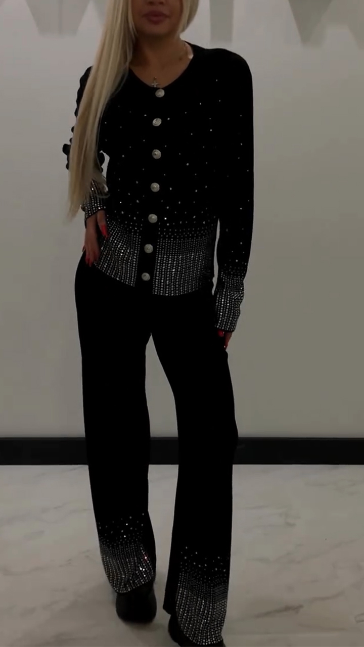 Womens Round Neck Breasted Rhinestone Cardigan+ Pants Casual Set