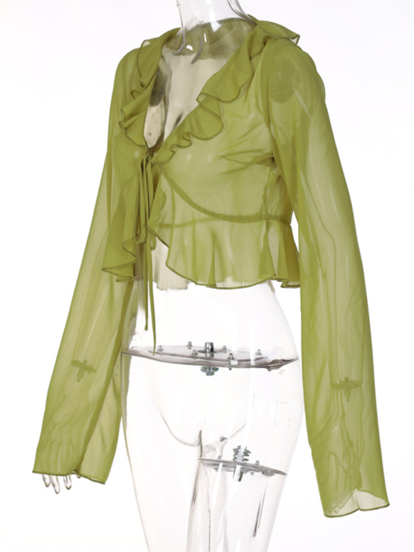 New Style Ruffled Lace-Up Deep V-Neck Long-Sleeved Transparent Top