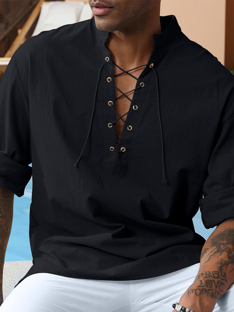 Men's cotton and linen shirt with drawstring sleeves