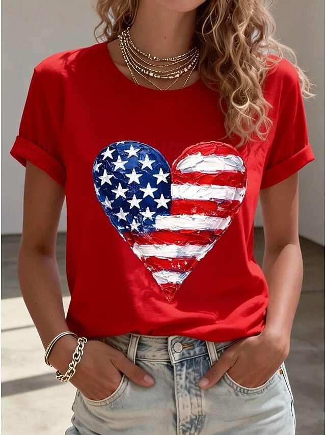 Women's American Flag Heart Patriotic Casual T-Shirt