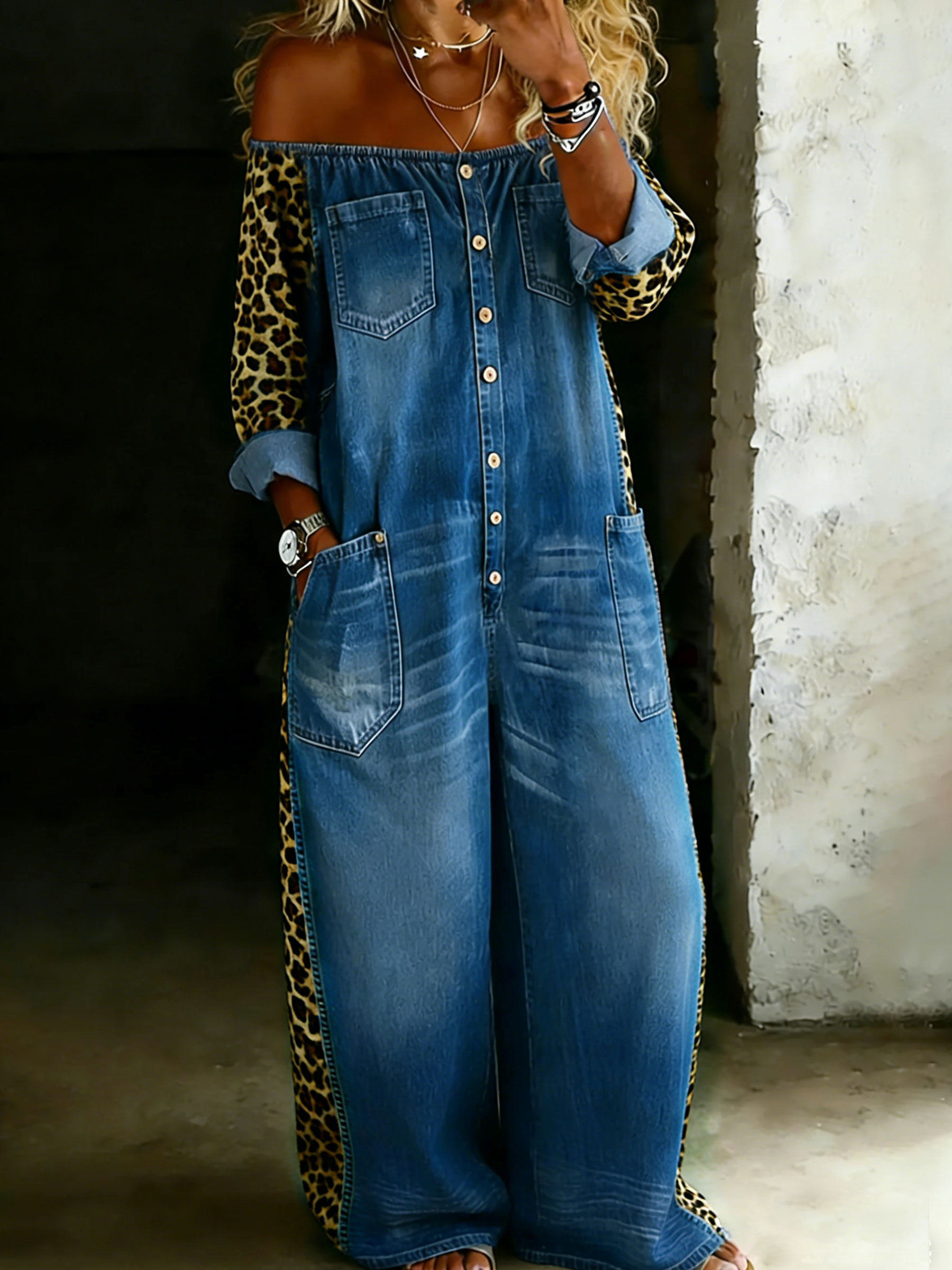 Women’s Cotton One Piece Off-shoulder Denim Jumpsuit