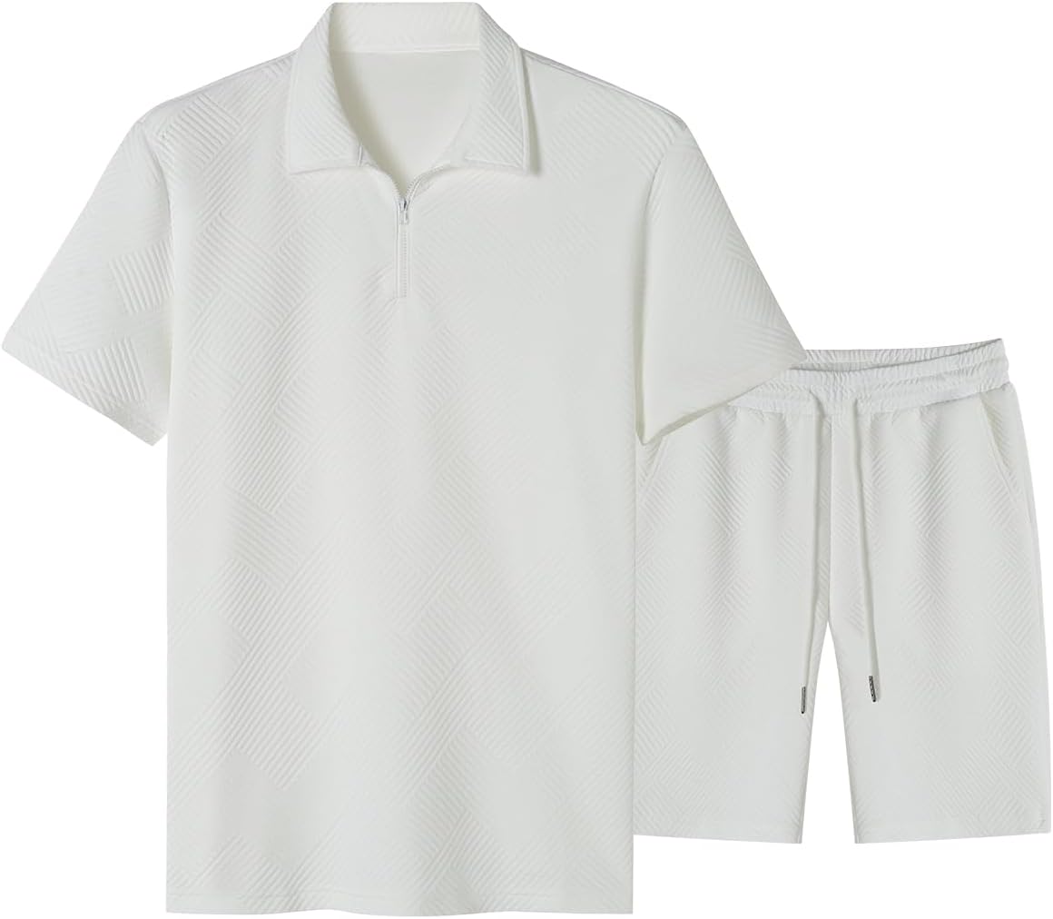 Men's Tracksuits 2 Piece Outfits Casual Sweatsuit Textured 1/4 Zip Short Sleeve Golf Polo Shirt and Short Sets