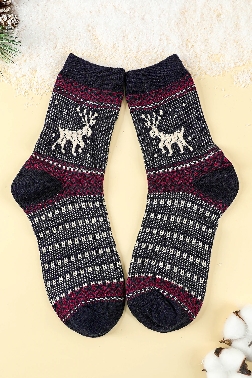 Blackish Green 5 Pairs/Set Christmas Reindeer Soft Crew Socks